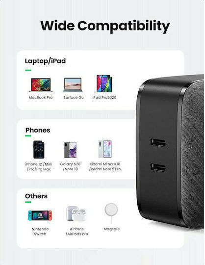 Ugreen Incarcător Fără Cablu GaN Cu 2 Porturi De Ieșire USB-C 66W Livrarea Energiei Quick Charge 2.0 Quick Charge 3.0 Negru (CD216)