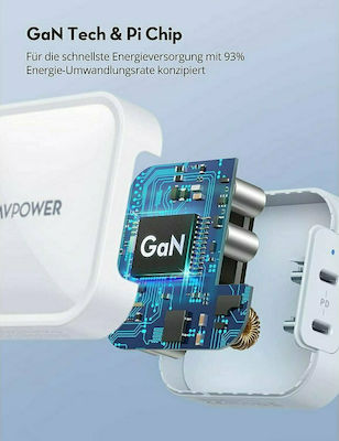 RAVPower Charger with 2 USB-C ports and USB-C Cable 90W Power Delivery in White Colour (RP-PC128)