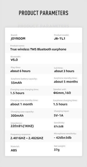 Joyroom JR-TL1 In-ear Bluetooth Handsfree Earphones with Sweat Resistance and Charging Case White