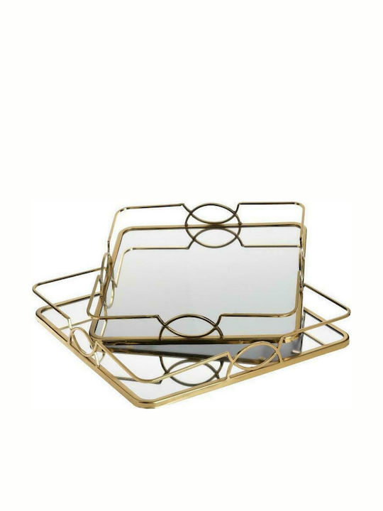 Inart Metallic Rectangular Decorative Tray with Mirror Χρυσός 2pcs