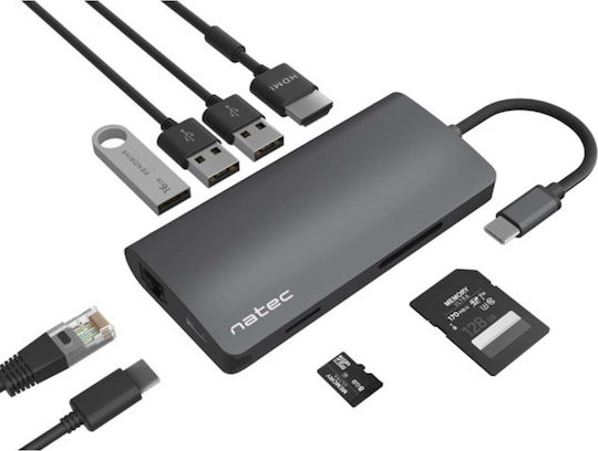 Natec Fowler 2 USB-C Докинг станция с HDMI 4K PD Етърнет Сив