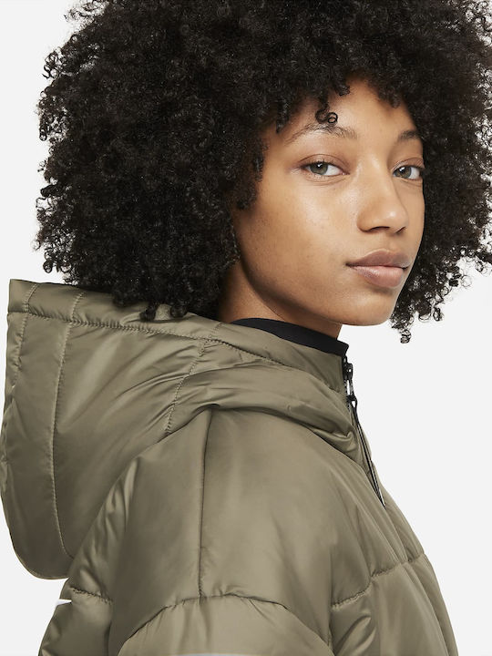 Therma Fit Women's Short Puffer Jacket for Winter with Hood Khaki