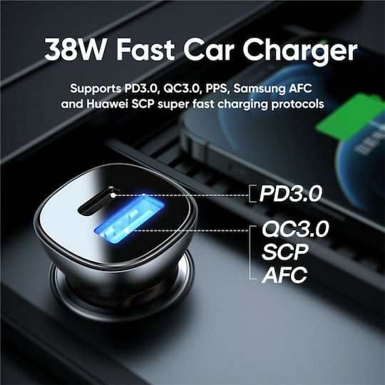 GloboStar Auto-Ladegerät 38W 3A Schnellladung mit Anschlüssen: 1xUSB 1xType-C Silber Farbe