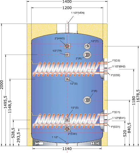 MasterSOL BLV Glass Double Energy Forced Circulation Water Heating System One Heat Exchanger 2000lt/30m²