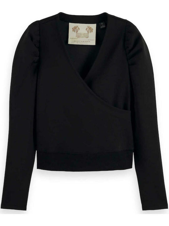 Wrap Women's Blouse Cotton Long Sleeve with V Neckline Black