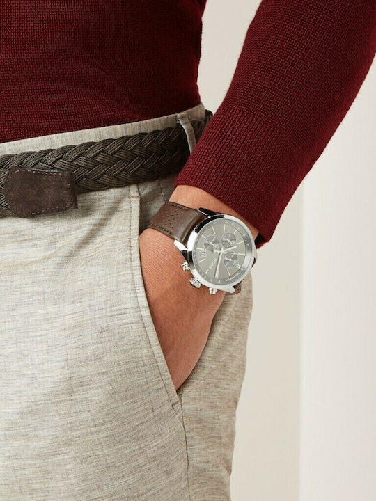 Boss Grand Prix Мъжки Часовник 44mm Хронограф На Батерия с Кафява Кожена Каишка