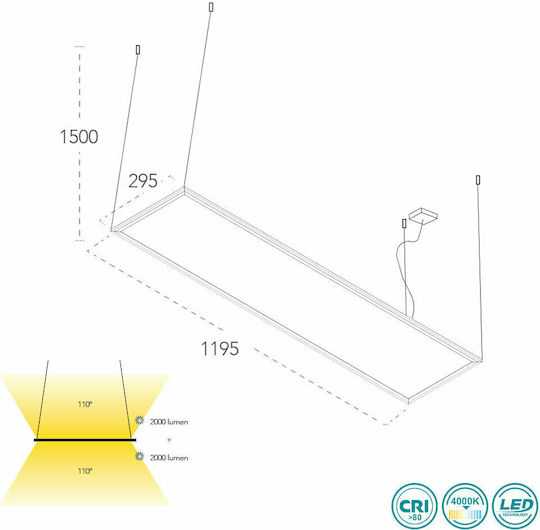 Fan Europe LED Panel Parallelogramm Anhänger 40W mit Warm zu kühlem Weiß Licht 120x30cm