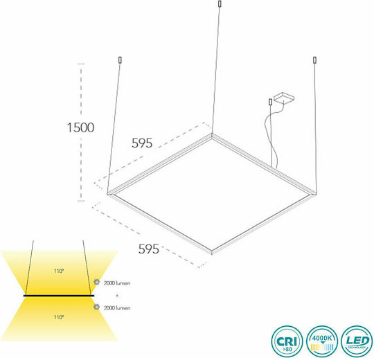 Fan Europe Panel Τετράγωνο Κρεμαστό LED Panel 40W με Ρυθμιζόμενο Λευκό Φως 60x60εκ.