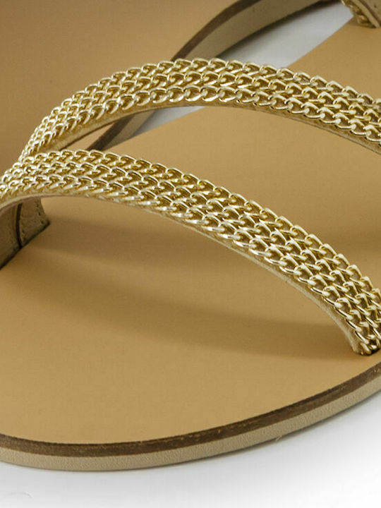 Leather Women's Flat Sandals in Gold Color