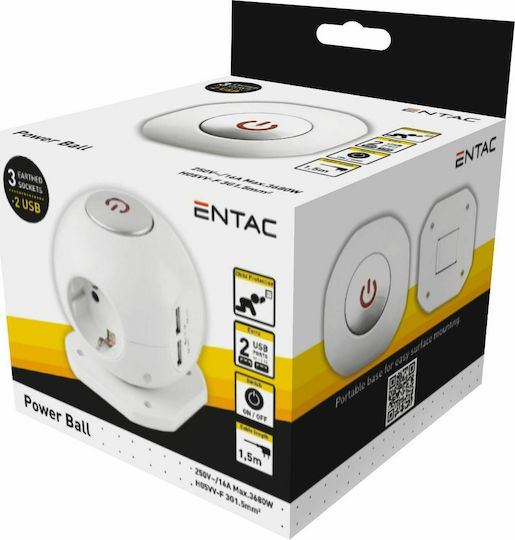 Entac ESC1.5G3-USB-GLOBE Πολύπριζο 3 Θέσεων με 2 USB-A και Καλώδιο 1.5m