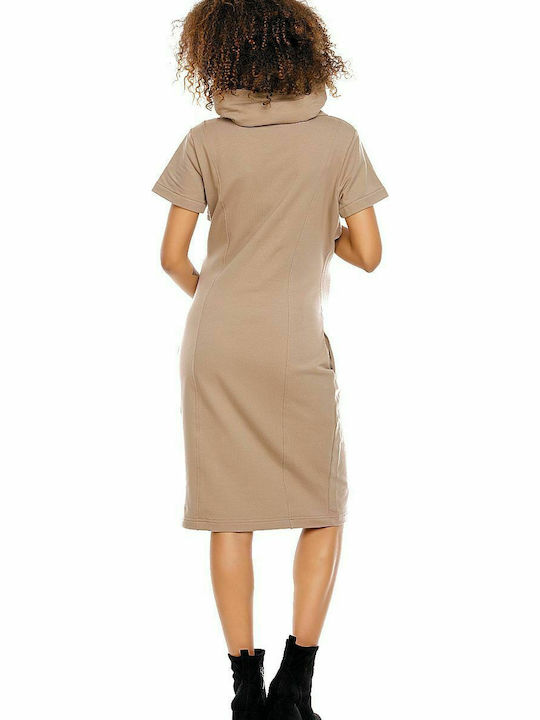 PeeKaBoo Hooded Summer Cotton Short Sleeve Maternity Midi Dress 1581 Beige