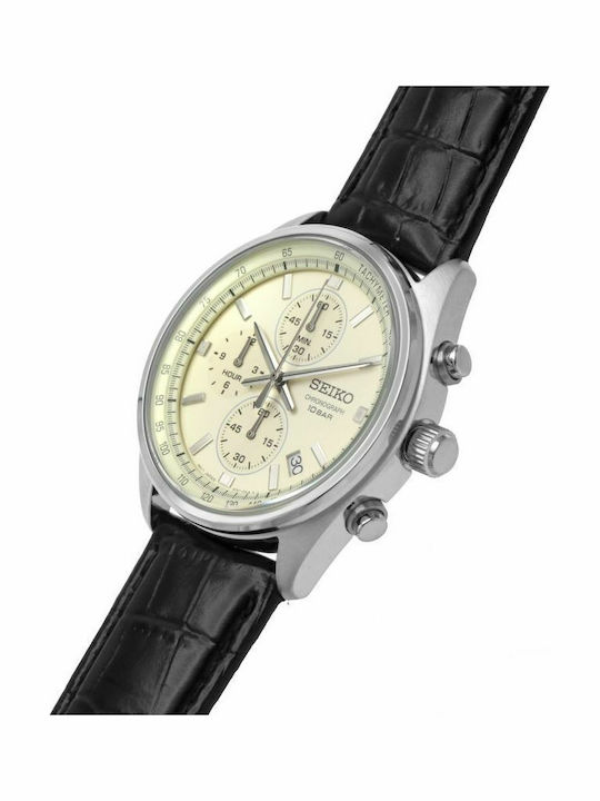 Seiko Men's Watch 41.5mm Chronograph Battery with Black Leather Strap