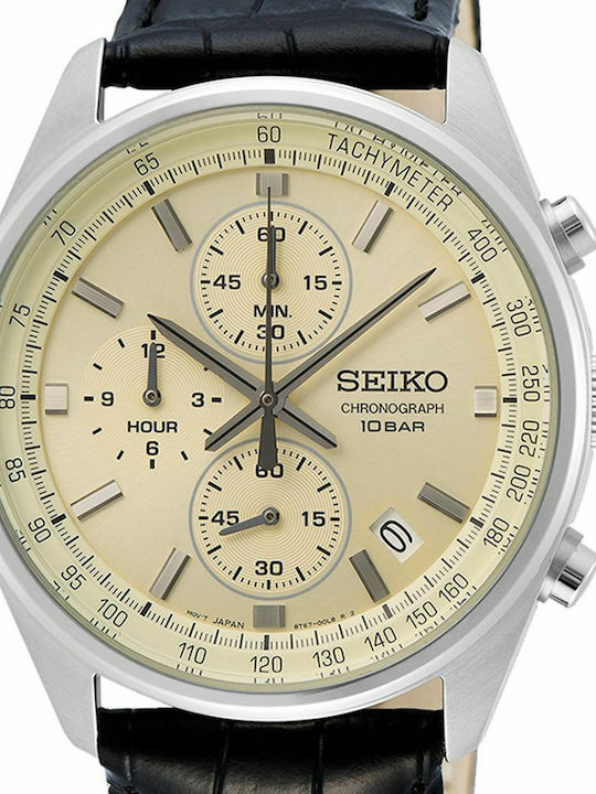 Seiko Men's Watch 41.5mm Chronograph Battery with Black Leather Strap