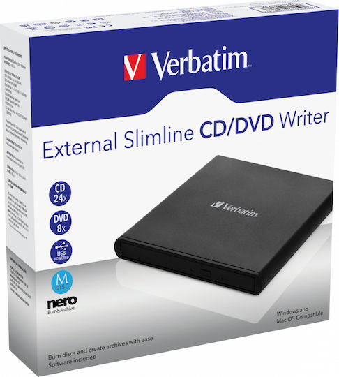 Verbatim External Slimline External DVD/CD Recorder for Desktop / Laptop Black