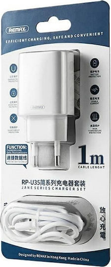 Remax Charger with 2 USB-A Ports and Cable micro USB Whites (RP-U35)