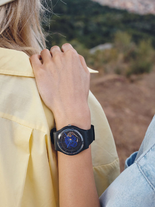 Swatch Time To Blue Big Ανδρικό Ρολόι 42mm Μπαταρίας με Μαύρο Καουτσούκ Λουράκι