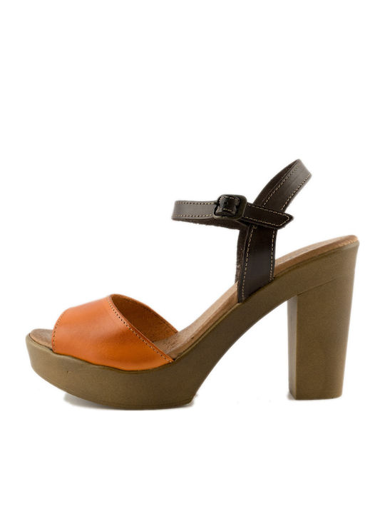 Juliet Platform Leather Women's Sandals 53103 Orange with Chunky High Heel