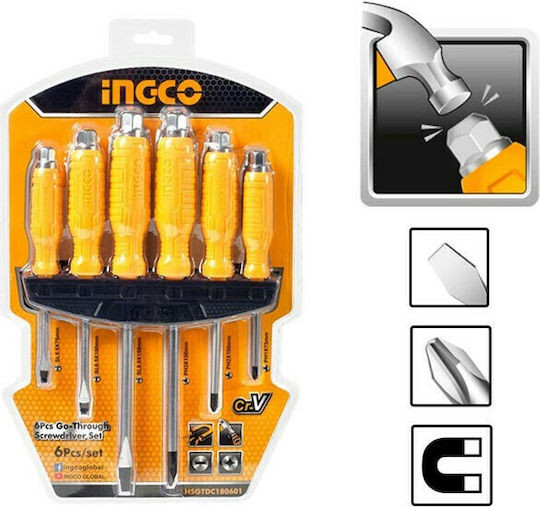 Ingco Set 6 Impact Screwdrivers with 6 Interchangeable Tips