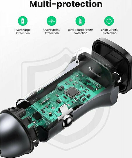Ugreen CD130 Φορτιστής Αυτοκινήτου 24W 3A Γρήγορης Φόρτισης με Θύρες: 1xUSB 1xType-C Γκρι Χρώμα