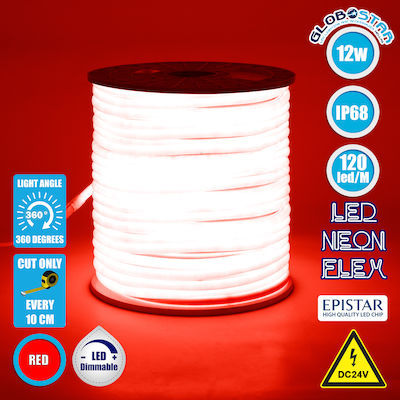 GloboStar Rezistentă la apă Bandă Neon Flex LED Alimentare 24V cu Lumină Roșu Lungime 1m și 120 LED-uri pe Metru