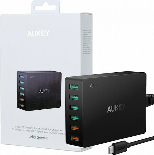 Aukey Βάση Φόρτισης με 6 Θύρες USB-A 60W Quick Charge 3.0 σε Μαύρο χρώμα (PA-T11)