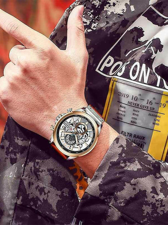 Curren Ανδρικό Ρολόι 47mm Χρονογράφος Μπαταρίας με Κόκκινο Δερμάτινο Λουράκι