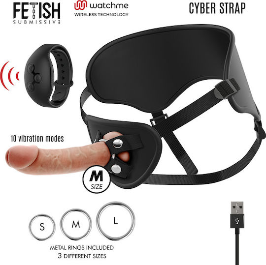 Fetish Submissive Cyber Strap Harness With Dildo Remote Control Watchme Technology M Арсенал с Единично Дилдо в Телесен цвят