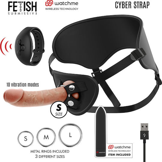Fetish Submissive Cyber Strap Remote Control Harness And Vibrating Bullet Watchme Technology S Harness with Dildo in skin color