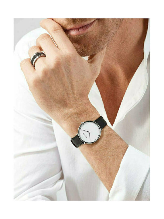 Bering Time Ultra Slim Часовник Батерия с Черно Кожено Каишка