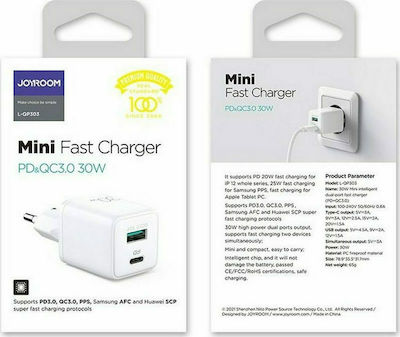 Joyroom Charger Without Cable with USB-A Port and USB-C Port 30W Power Delivery / Quick Charge 3.0 Whites (L-QP303)