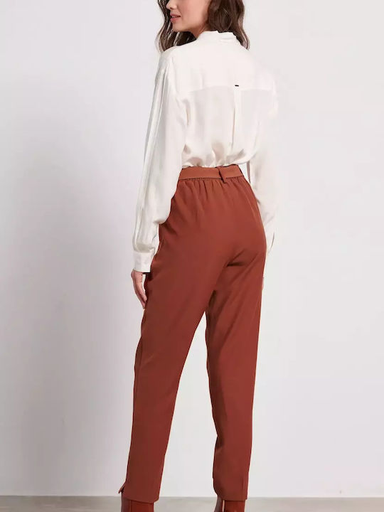 Funky Buddha Women's High-waisted Fabric Trousers in Straight Line Brown