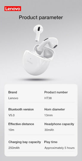 Lenovo HT38 Earbud Bluetooth Handsfree Earphones with Sweat Resistance and Charging Case White