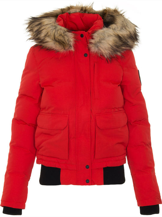 Everest Kurz Damen Puffer Jacke mit pelziger Kapuze für Winter Rot