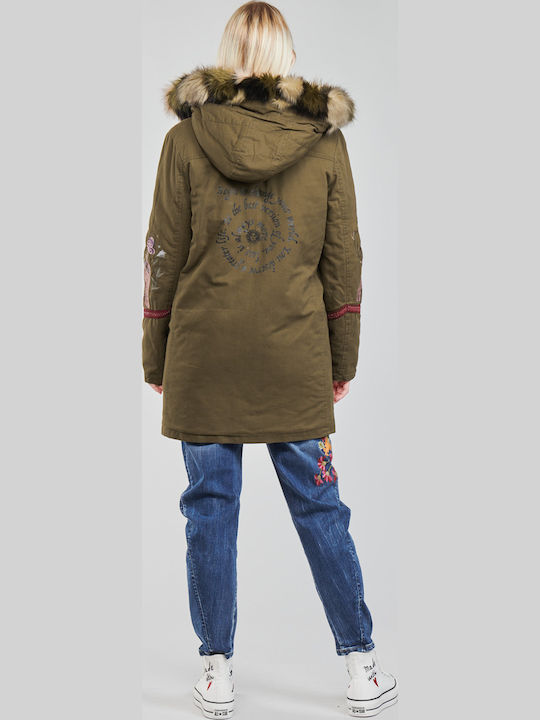 Lisboa Women's Long Parka Jacket for Winter with Hood Khaki