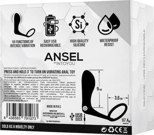Tardenoche Ansel Anal Plug with Vibration and Cock Ring Вибриращ Пръстен Петел Силикон с анална клипса Black T-107
