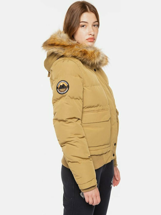 Everest Kurz Damen Puffer Jacke mit pelziger Kapuze für Winter Camel