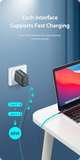 Dux Ducis Φορτιστής Χωρίς Καλώδιο με Θύρα USB-A και 2 Θύρες USB-C 60W Power Delivery / Quick Charge 3.0 Μαύρος (C110)