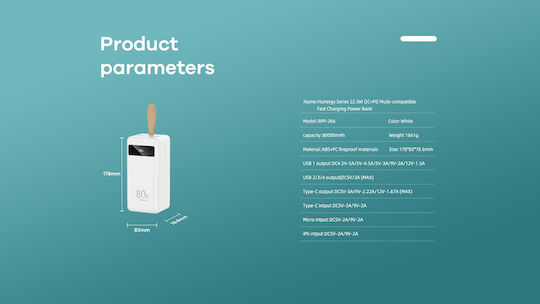 Remax RPP-266 Power Bank 80000mAh 22.5W με 4 Θύρες USB-A και Θύρα USB-C Power Delivery / Quick Charge 3.0 Λευκό