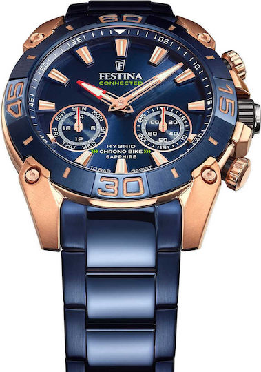 Festina Chrono Bike Hybrid Stainless Steel 45mm Waterproof Smartwatch (Blue Steel Bracelet)