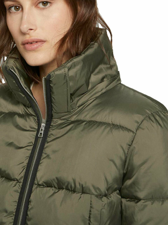 Women's Short Puffer Jacket for Winter with Hood Deep Olive Green
