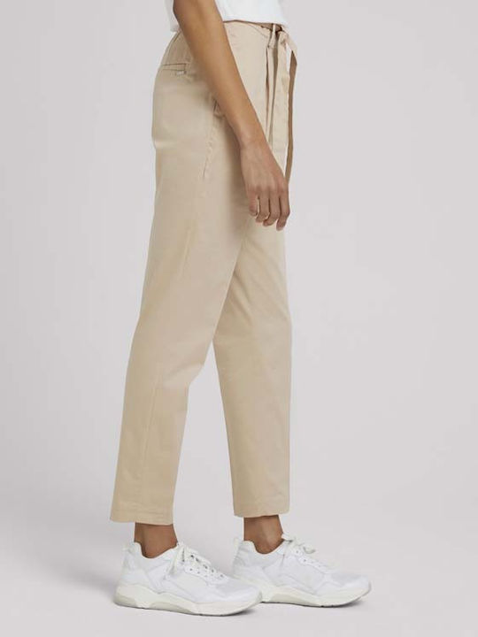 Tom Tailor Women's High-waisted Linen Capri Trousers in Slim Fit Beige
