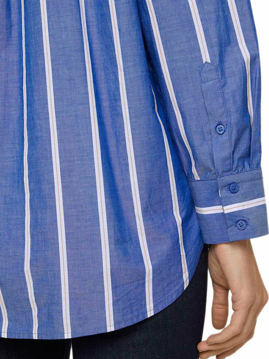 Poplin Women's Striped Long Sleeve Shirt Blue