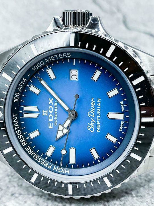 Edox Skydiver Neptunian Ανδρικό Ρολόι 44mm Αυτόματο με Ασημί Μεταλλικό Μπρασελέ