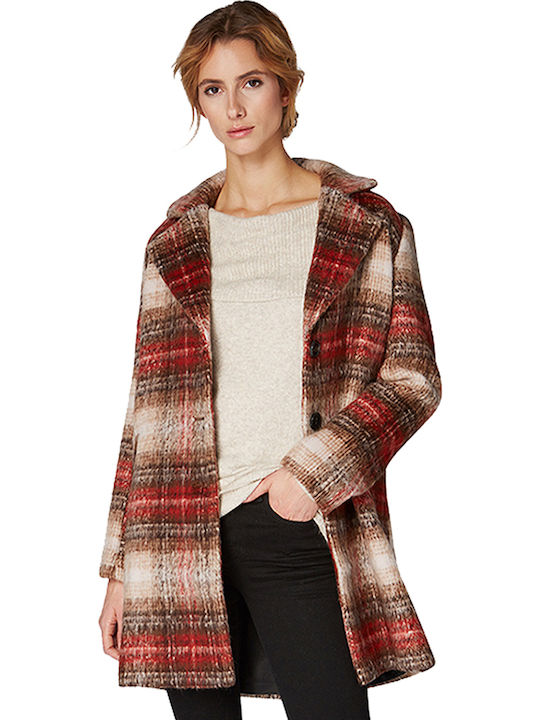 Women's Checked Brilliant Red Coat with Buttons