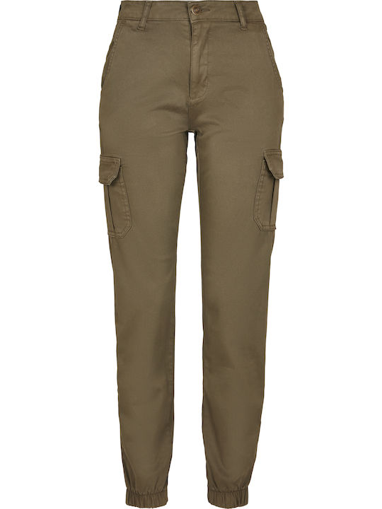 Women's High-waisted Fabric Cargo Trousers with Elastic Olive