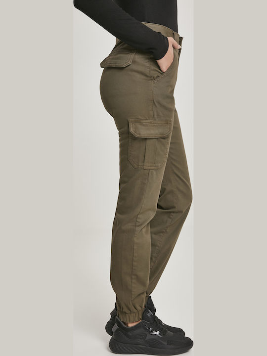Women's High-waisted Fabric Cargo Trousers with Elastic Olive