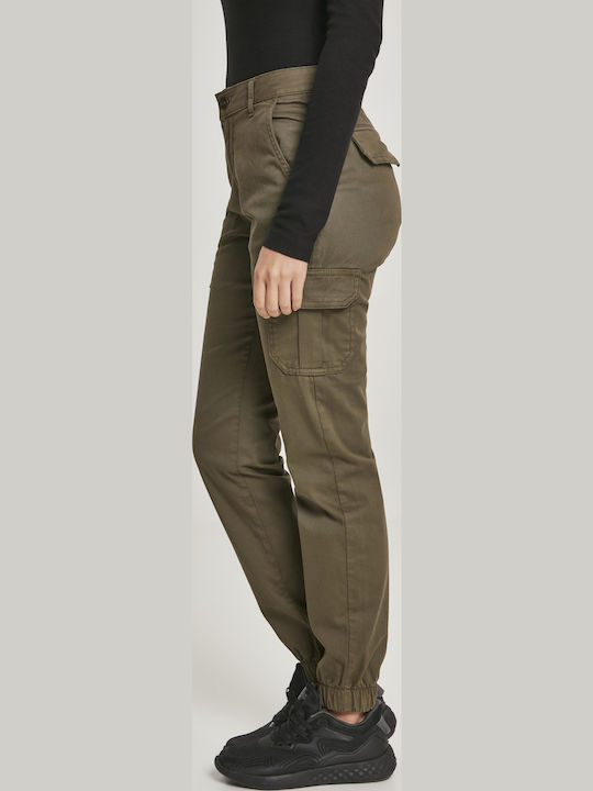 Women's High-waisted Fabric Cargo Trousers with Elastic Olive