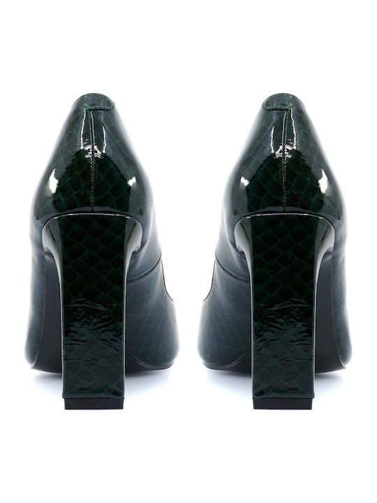 Pointed Toe Heels Made of Patent Leather with Chunky High Heel Khaki
