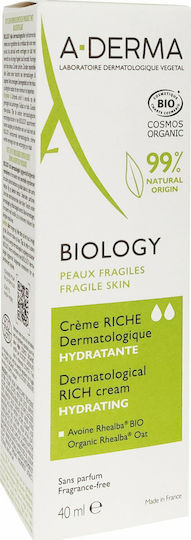 A-Derma Dermatological Rich Cream Hydrating Biology Rich 24ωρη Ενυδατική Κρέμα Προσώπου με Χρώμα & Aloe Vera 40ml