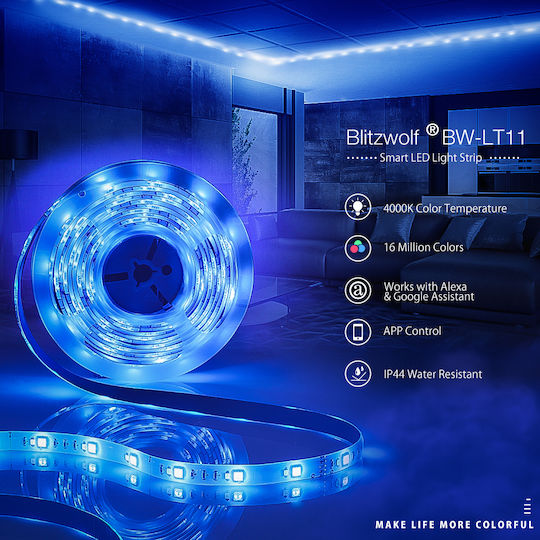 BlitzWolf Inteligent Bandă LED Wi-Fi 12V RGBW Lumină 5m cu Sursă de alimentare & Controler WiFi